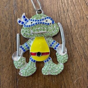 TMNT Leonardo Rhinestone Pendant Necklace Silver Blue Rare!